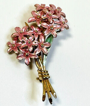 Pastelli Brooch Metallic Pink Enamel Forget Me Not Flowers Pin Gold Tone Signed